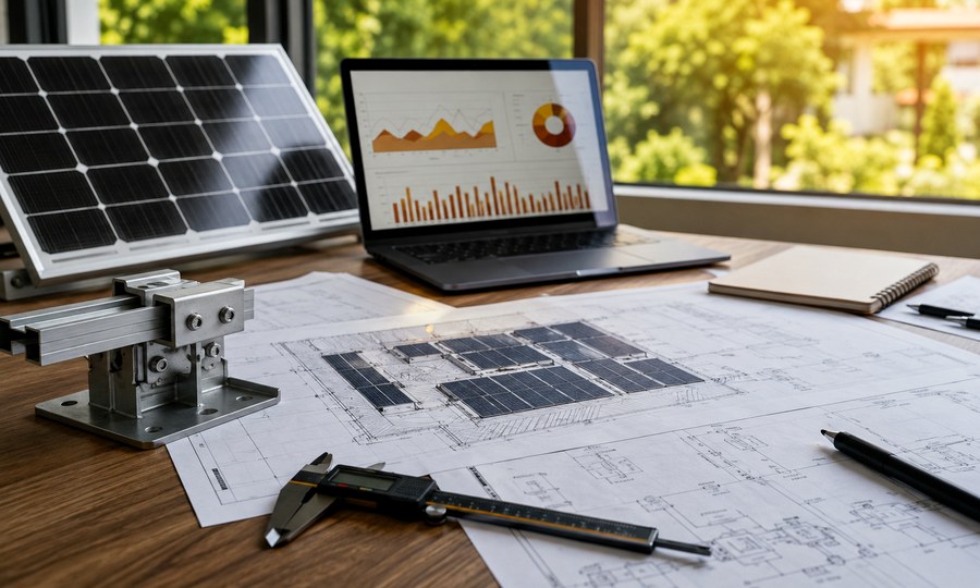 Mesa técnica com projeto fotovoltaico, notebook e componentes de engenharia