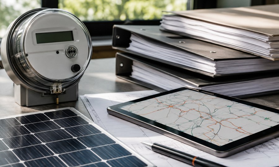 Documentação técnica, medidor de energia e tablet para homologação solar